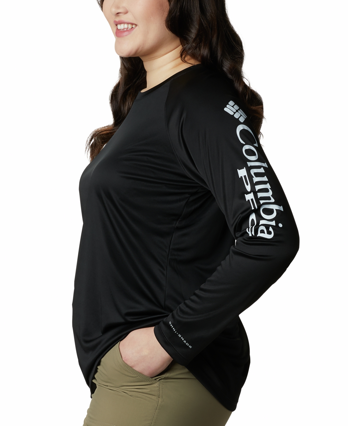 Columbia Plus Size Pfg Tidal Tee Ii Omni-shade T-shirt In Black,cirrus Grey Logo