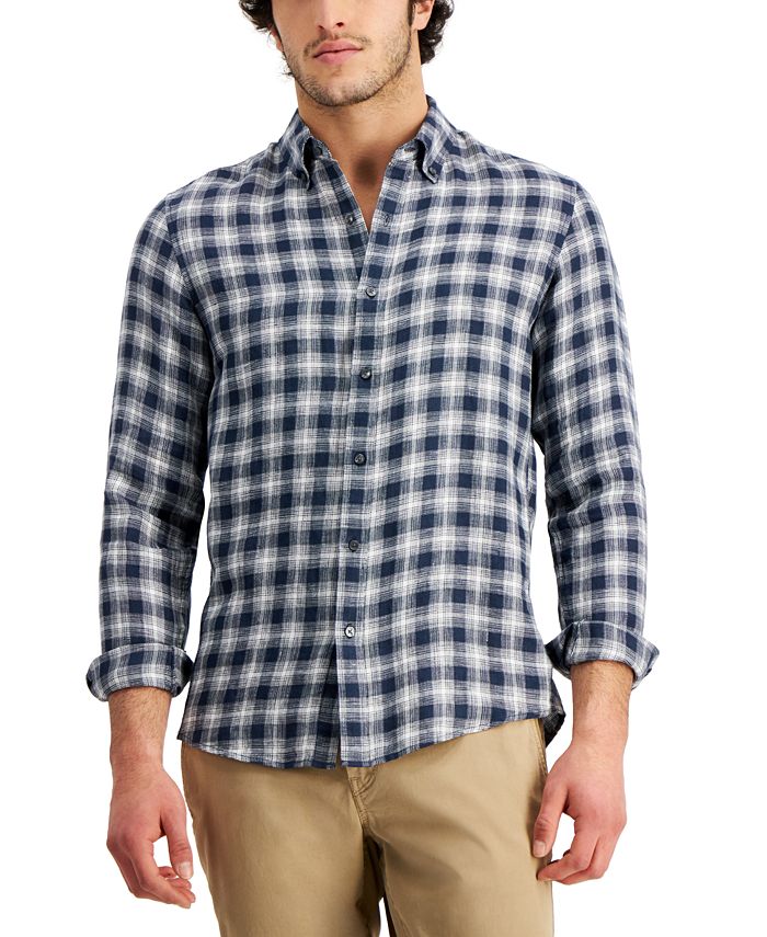 MICHAEL KORS Mens Navy Plaid Long Sleeve Collared Slim Fit Button Down Shirt