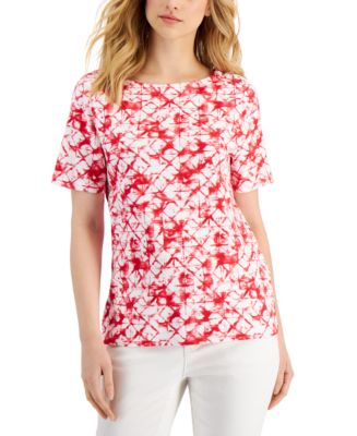 CHARTER CLUB Womens White Printed 3/4 Sleeve Boat Neck Top