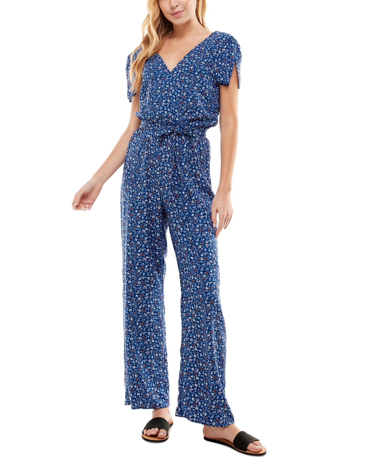 Kingston Grey Juniors' Floralprint Tiewaist Jumpsuit In Blue/purple