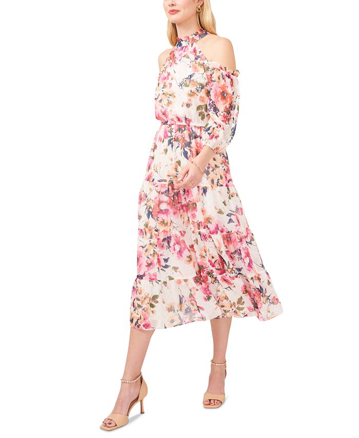 MSK Floral-Print Cold-Shoulder Midi Dress - Macy's