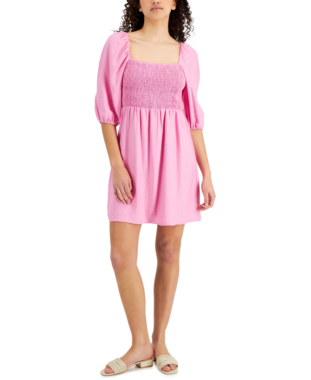 Bar Iii Women's Puff-sleeve Smocked Dress, Created For Macy's In Havana Pink