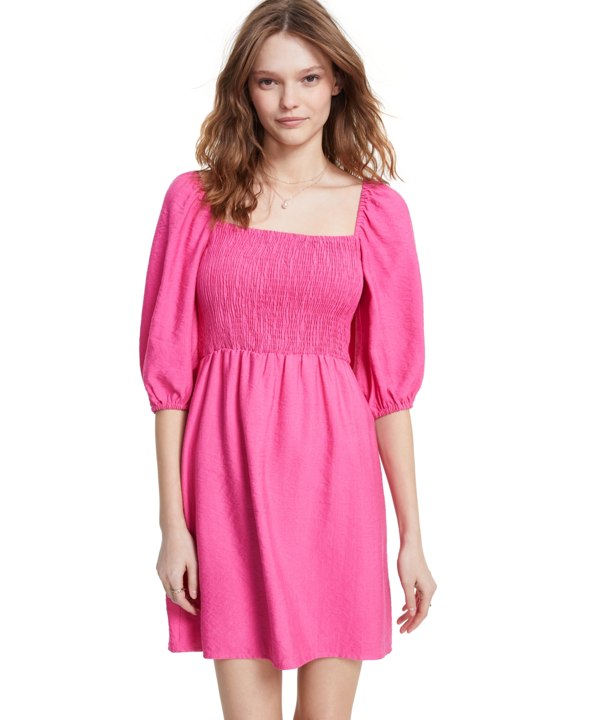 Bar Iii Women's Puff-sleeve Smocked Dress, Created For Macy's In Cabaret Rose