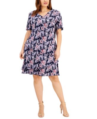 Connected Plus Size Floral-Print Tiered Pleated Sheath Dress - Macy's