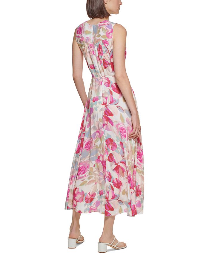 Slit Printed Sleeveless Midi Dress | Sheath Polyester Dress W/ Floral Print