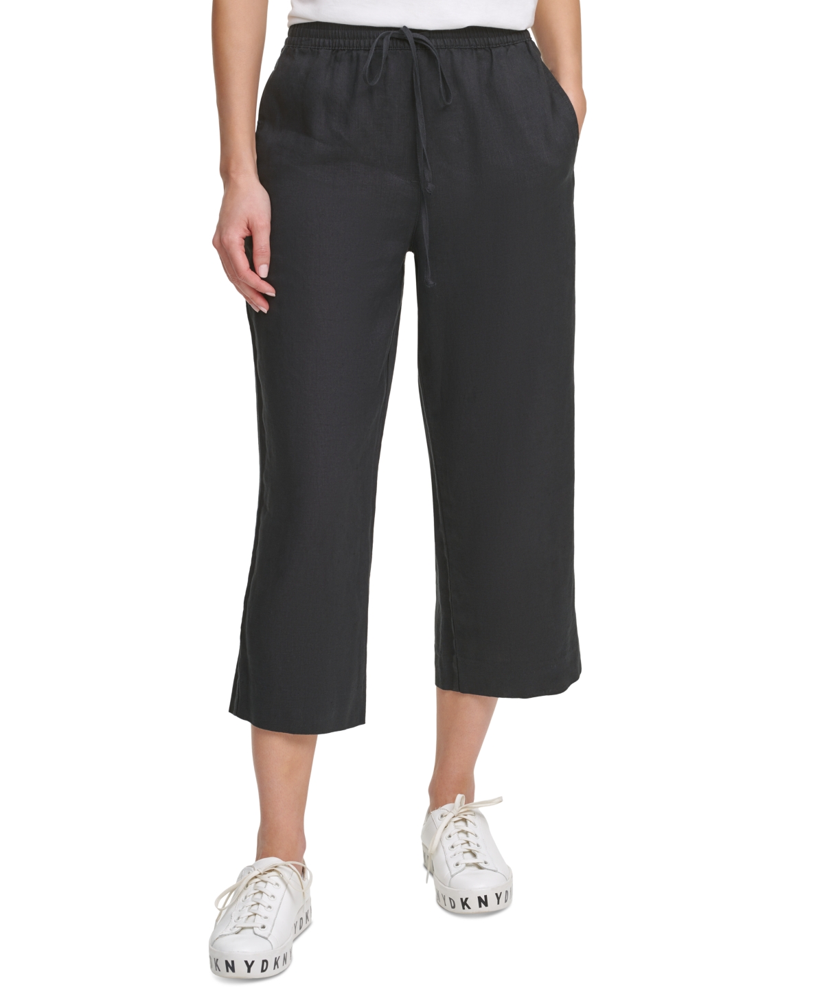 Dkny Womens Heathered Wide Leg Cropped Pants In Black