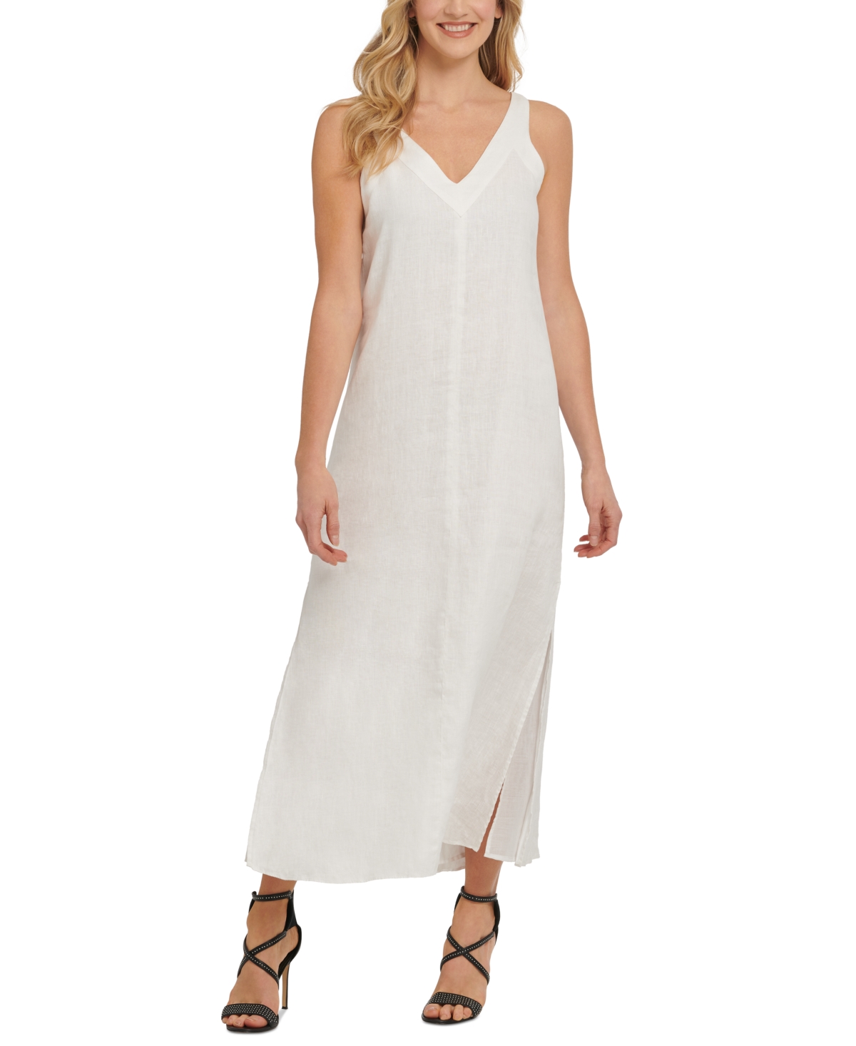 Shop Dkny Linen V-neck Maxi Dress In White