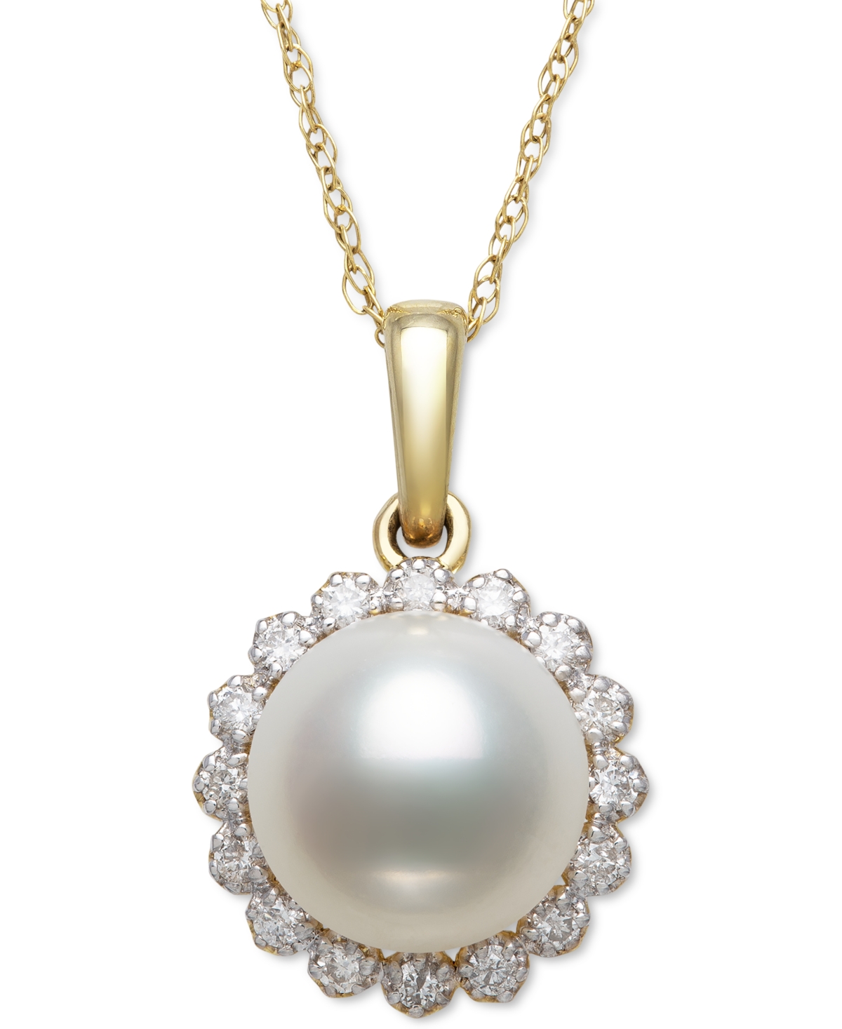 Cultured Freshwater Pearl (7mm) & Diamond (1/8 ct. t.w.) Halo 18" Pendant Necklace in 14k Gold. Created for Macy's - Gold
