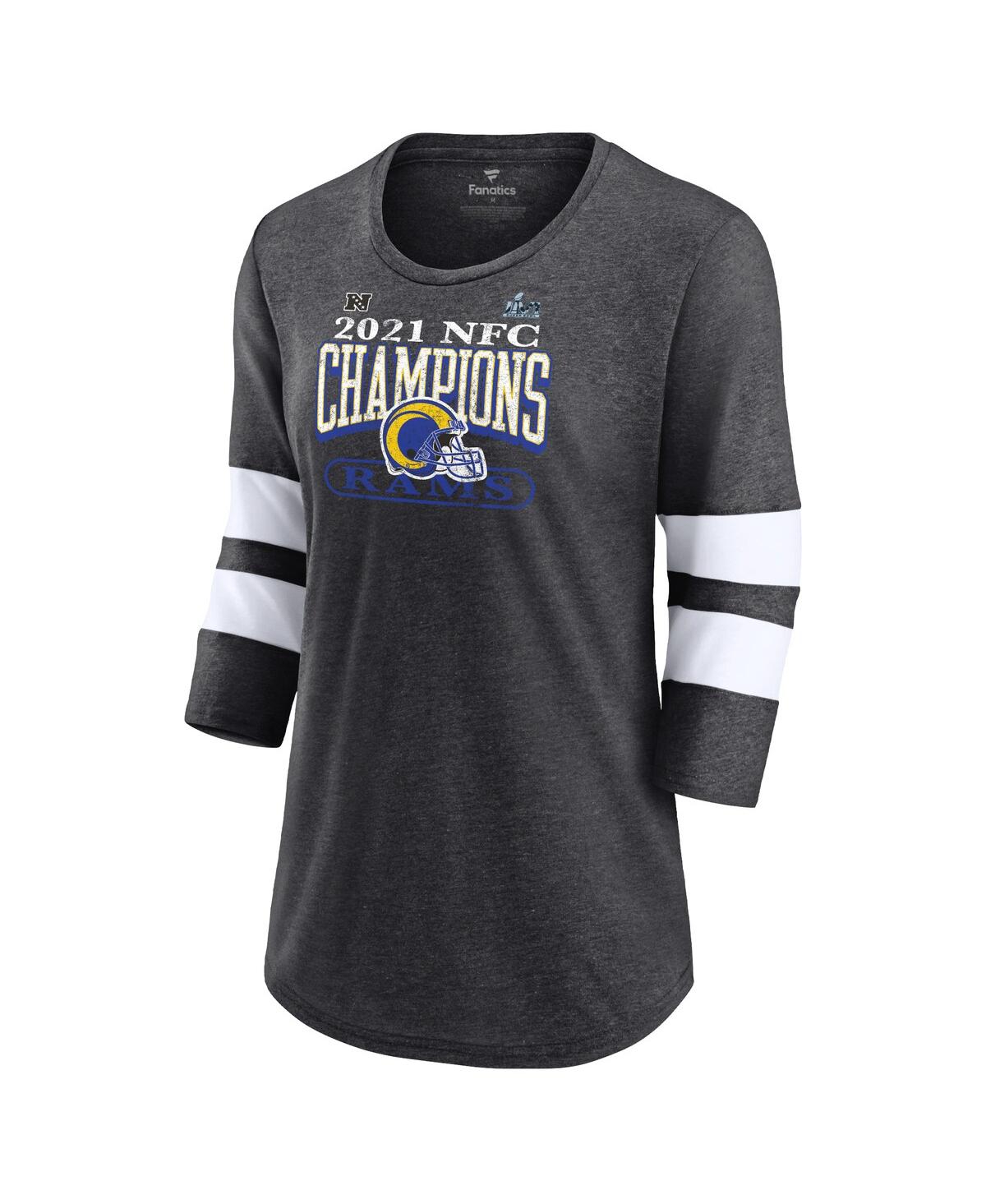Women's FanaticsLos Angeles Rams Super Bowl Lvi Bound Classic Play Stripe 3/4-Sleeve Scoop Neck T-shirt - Heathered Charcoal