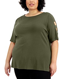 Plus Size Cotton Cutout-Sleeve Top, Created for Macy's