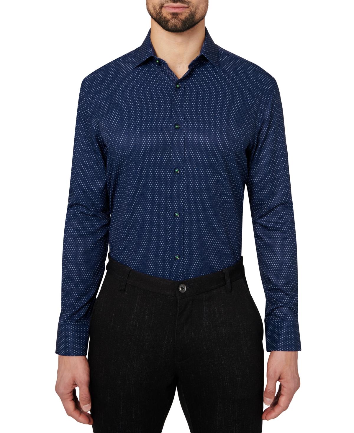 Men's Slim Fit Non-Iron Dot Print Performance Dress Shirt - Navy