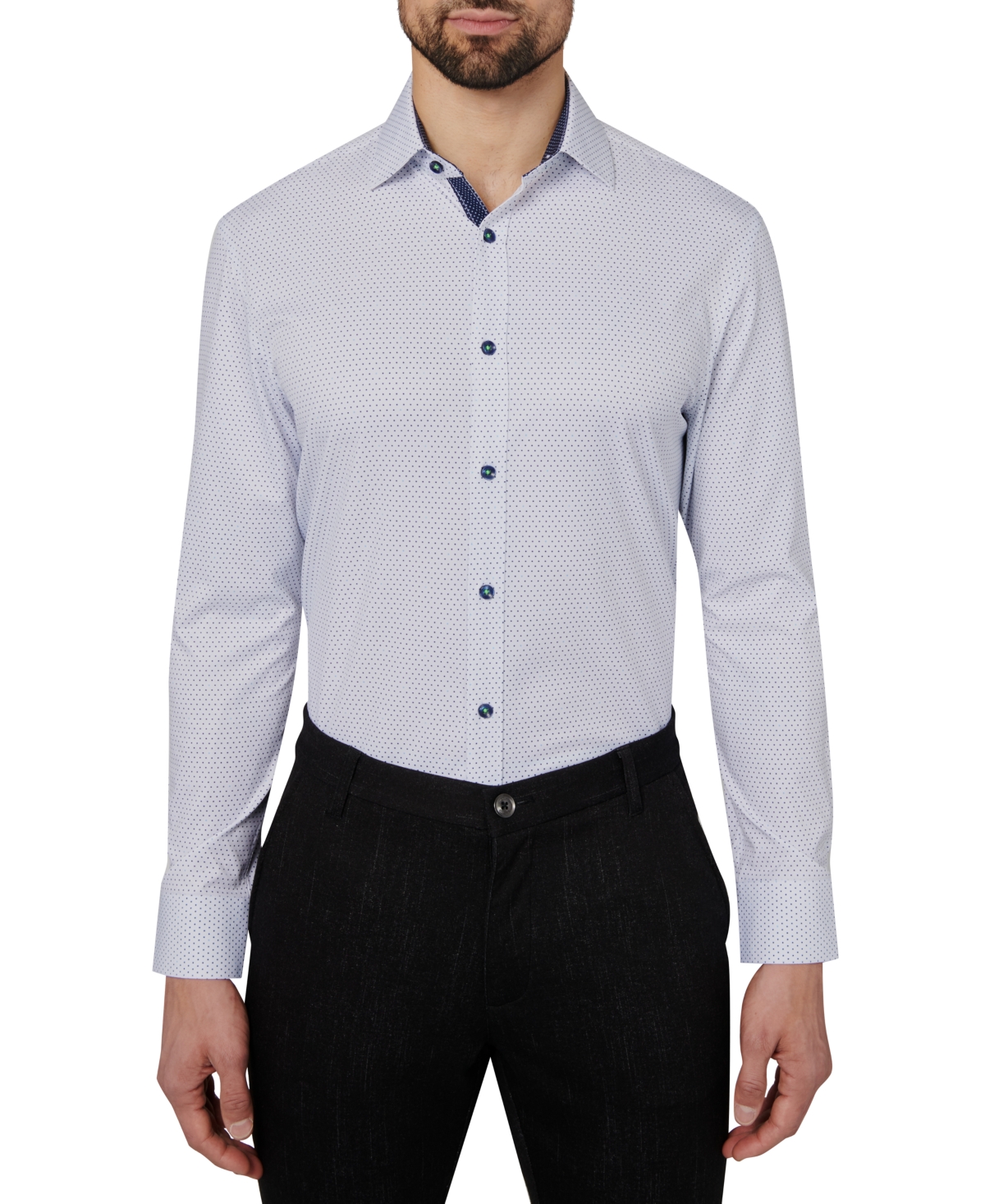 Men's Slim Fit Non-Iron Dot Print Performance Dress Shirt - Navy