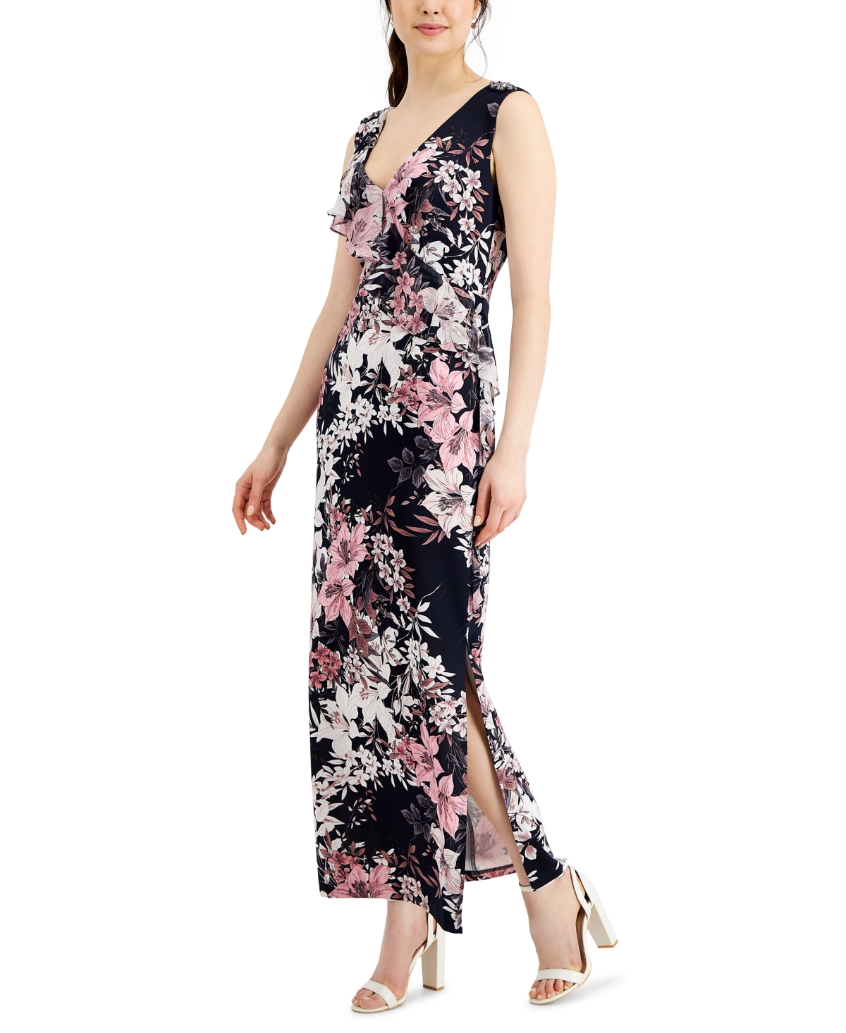 CONNECTED PETITE RUFFLED FLORAL-PRINT MAXI DRESS