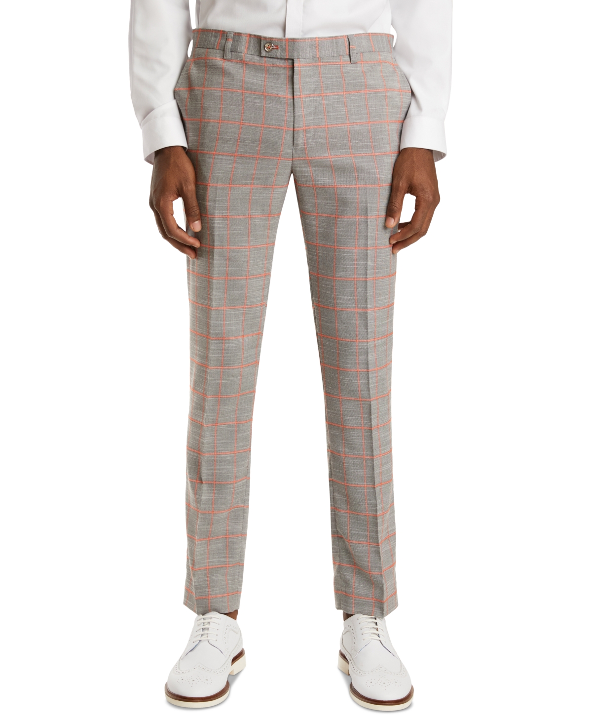 Paisley & Gray Men's Slim-fit Plaid Suit Pants In Peach With Gray Windowpane