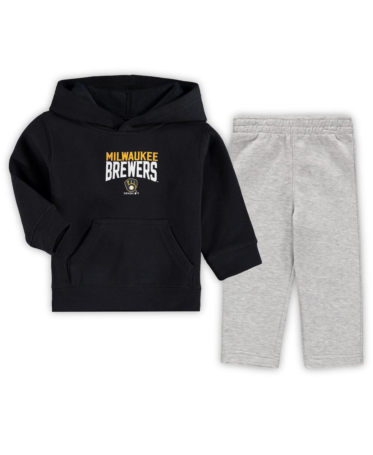 Shop Outerstuff Infant Boys And Girls Navy, Heathered Gray Milwaukee Brewers Fan Flare Fleece Hoodie And Pants Set In Navy,heathered Gray