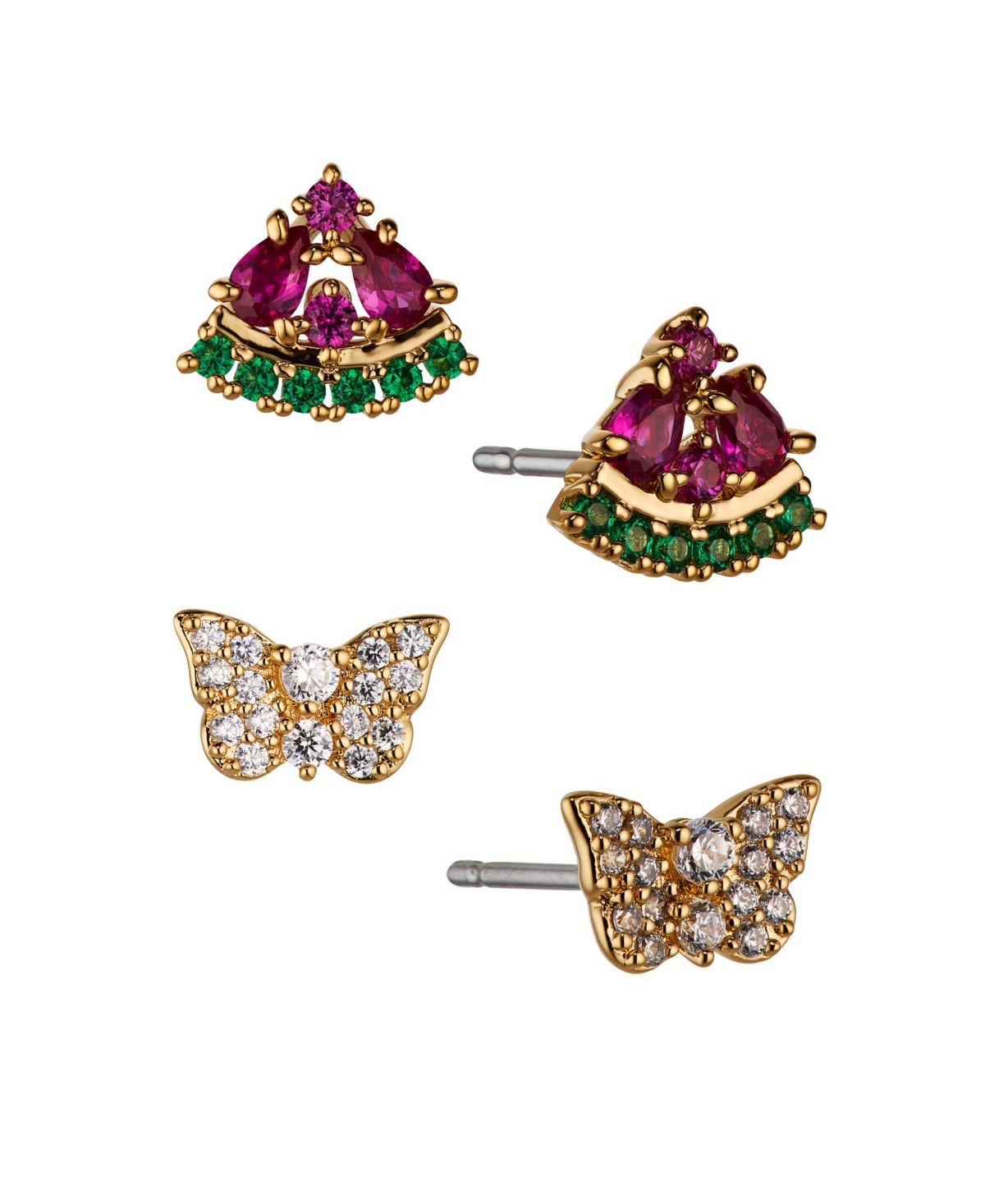 Watermelon and Sweet Butterfly Stud Set, 4 Pieces - Gold