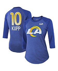 Women's Cooper Kupp Royal Los Angeles Rams Super Bowl LVI Bound Name and Number Raglan 3/4 Sleeve T-shirt
