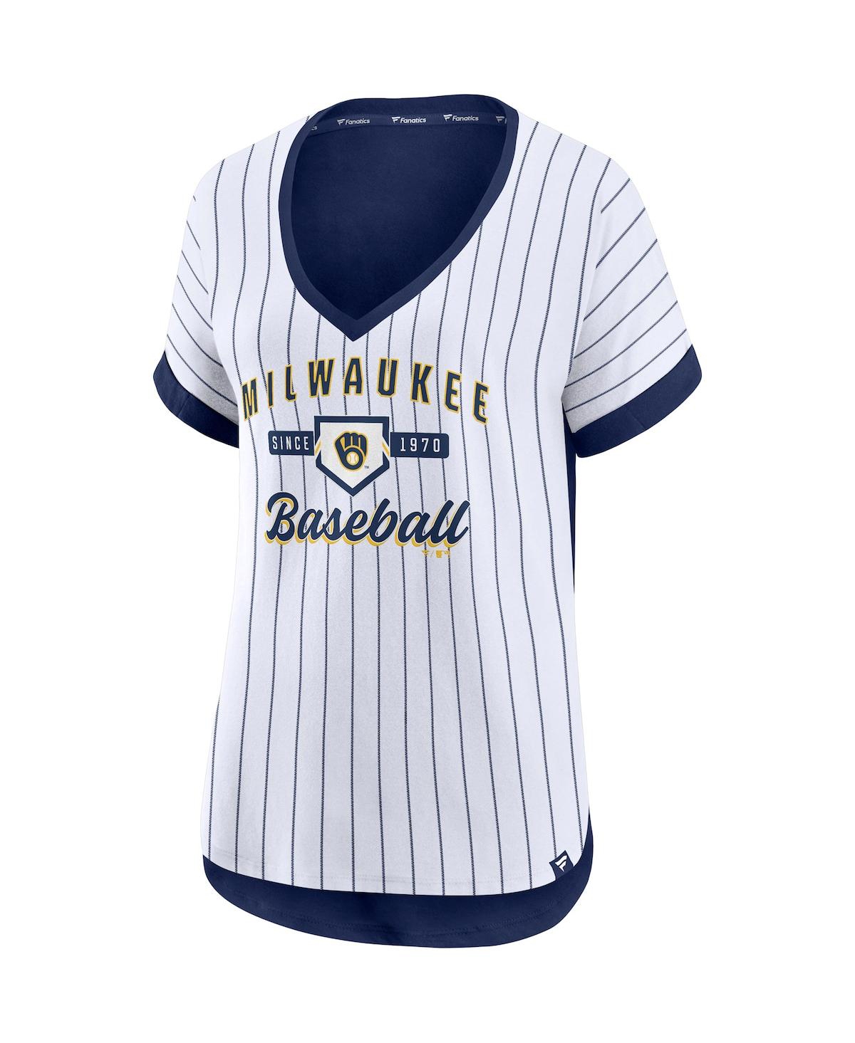 Fanatics Women's White, Navy Milwaukee Brewers Iconic Noise Factor Pinstripe V-neck T-shirt In White,navy