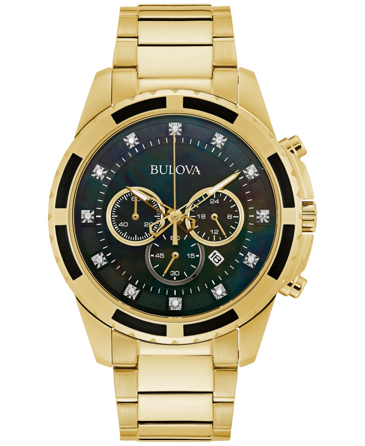 Мужские часы Bulova Chronograph Diamond (1/20 ct. t.w.) Gold-Tone Stainless Steel Bracelet Watch 44mm — фото 1