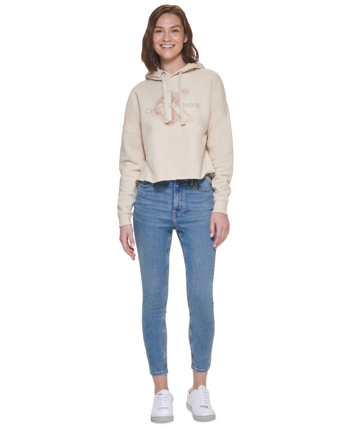 Calvin Klein Jeans Airbrushed Monogrammed Logo Cropped Raw Hem Hoodie