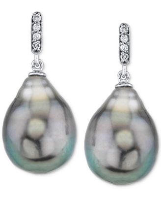 Cultured Tahitian Baroque Pearl (11mm) & Diamond Accent Drop Earrings in White Gold