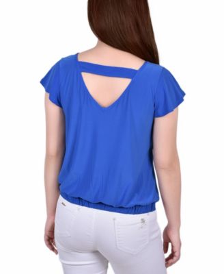 Petite Size Short Flutter Sleeve Top with Studded Neckline