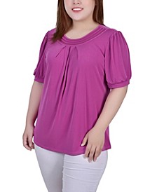 Plus Size Short Puff Sleeve Sheer Inset Top