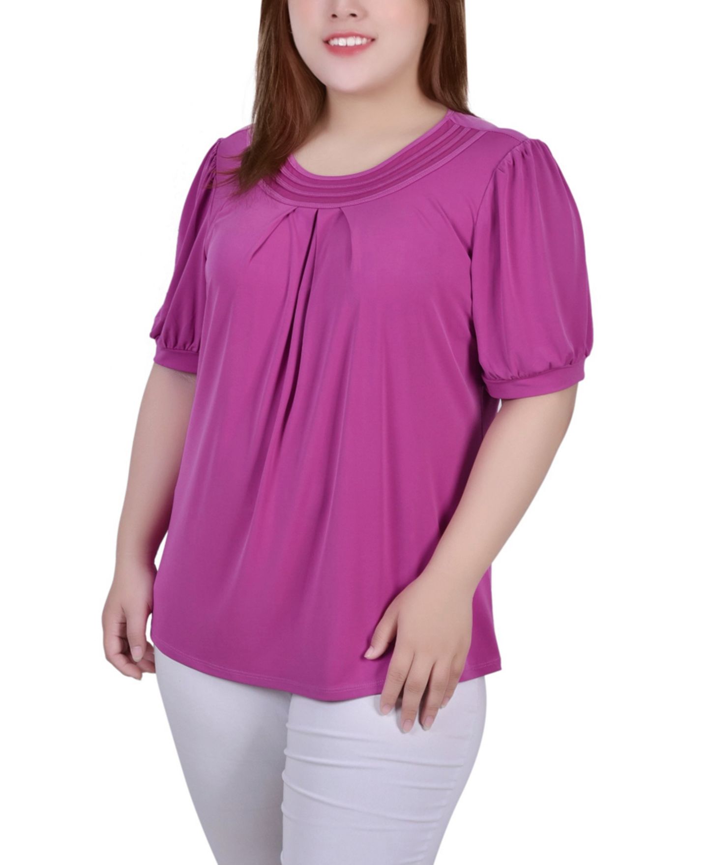 Женский топ NY Collection Plus Size Short Puff Sleeve Sheer Inset, цвет: Пурпурный — фото 1