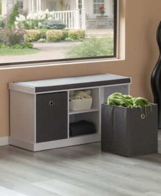 MDF Storage Box Shoe Bench with 2 Shelves, Foldable Baskets and a Gray Cushion, White