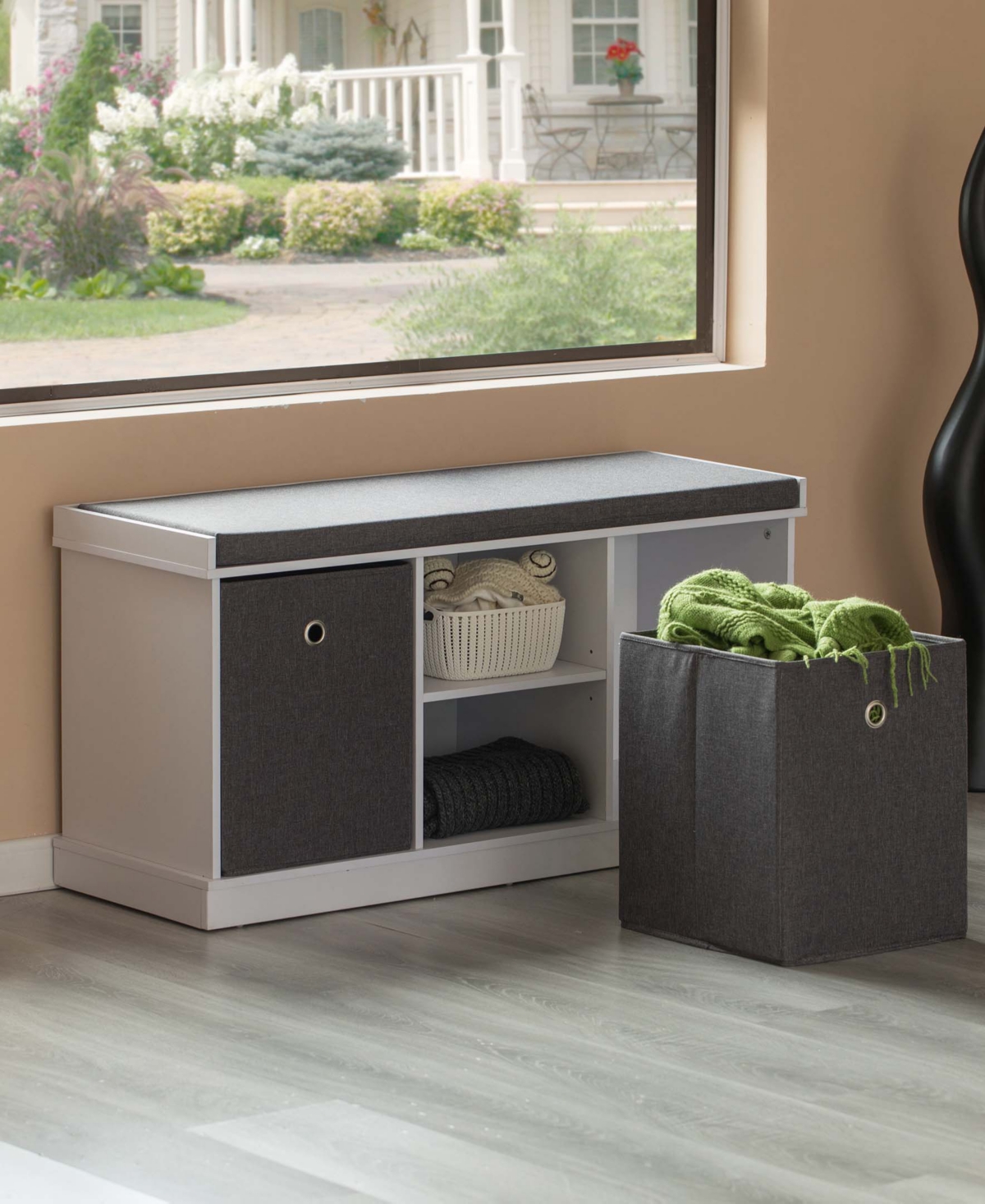 Basicwise Mdf Storage Box Shoe Bench with 2 Shelves, Foldable Baskets and a Gray Cushion, White