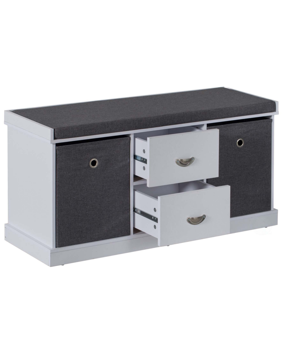 White Shoe Storage Bench with Wooden Frame, 2 Drawers, Foldable Baskets, and Comfortable Gray Cushion for Entryway, Hallway, or Bedroom Orga