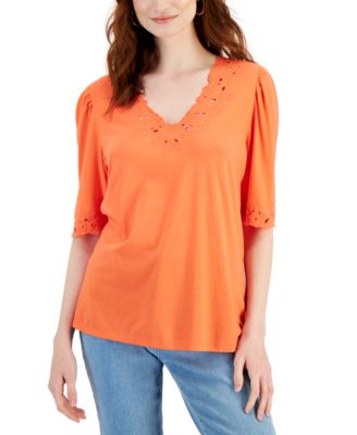 Charter Club - Petite Crochet-Trim Cotton Top, Created for Macy's