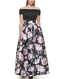 Floral-Skirt Off-The-Shoulder Ball Gown