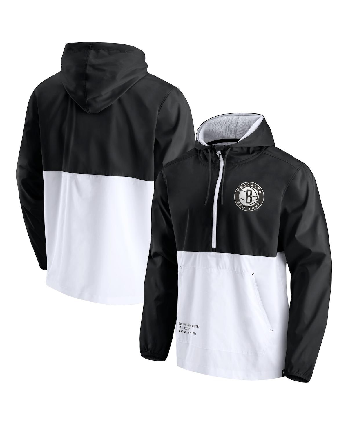 Shop Fanatics Men's  Black, White Brooklyn Nets Anorak Block Party Windbreaker Half-zip Hoodie Jacket In Black,white