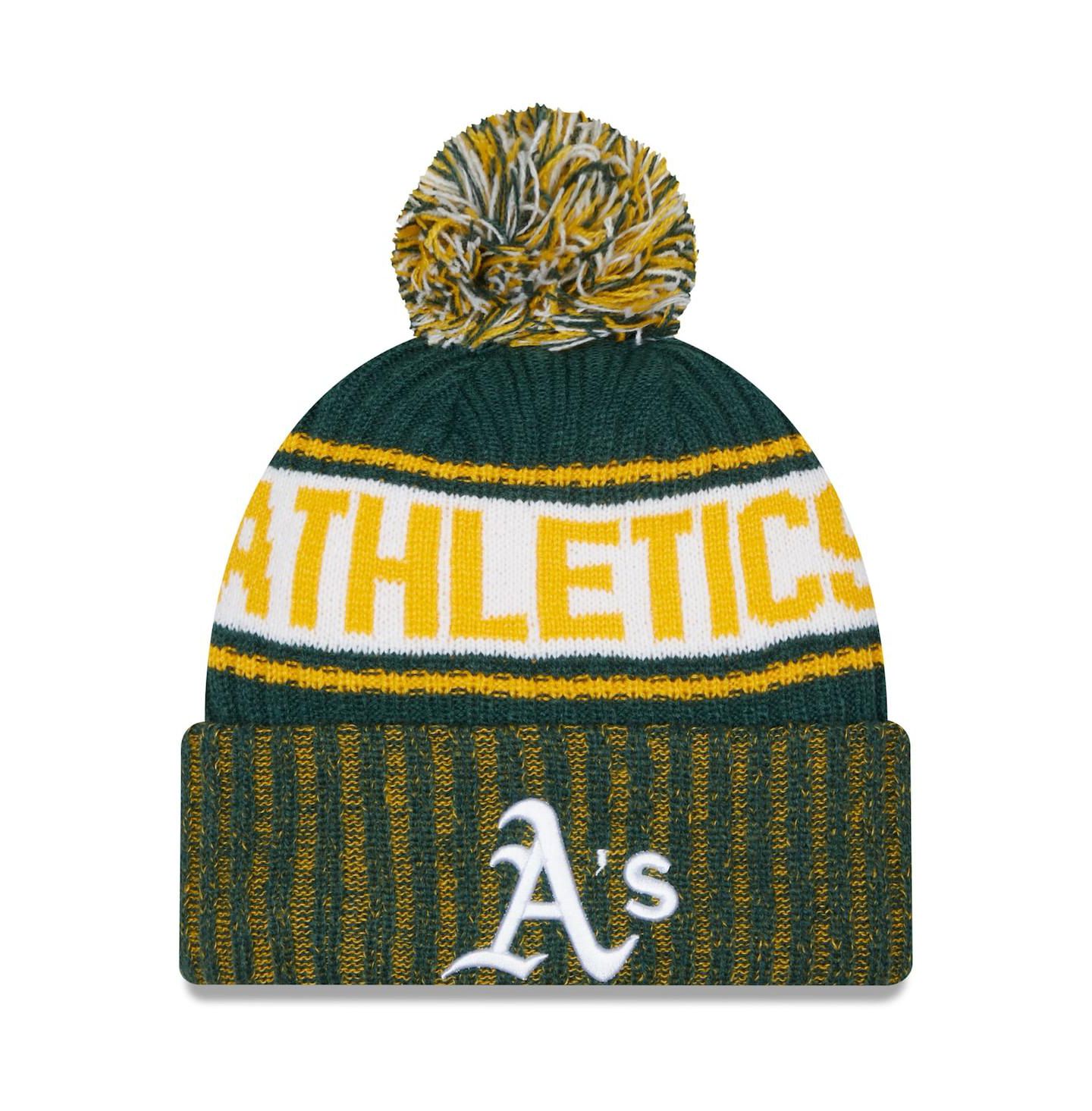 Мужская шапка New Era Green Oakland Athletics Marl Cuffed Knit Hat with Pom — фото 1
