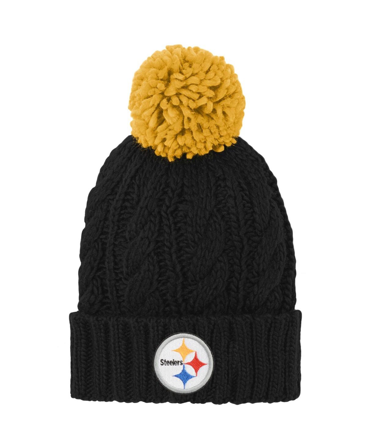 Outerstuff Kids' Big Girls Black Pittsburgh Steelers Team Cable Cuffed Knit Hat With Pom