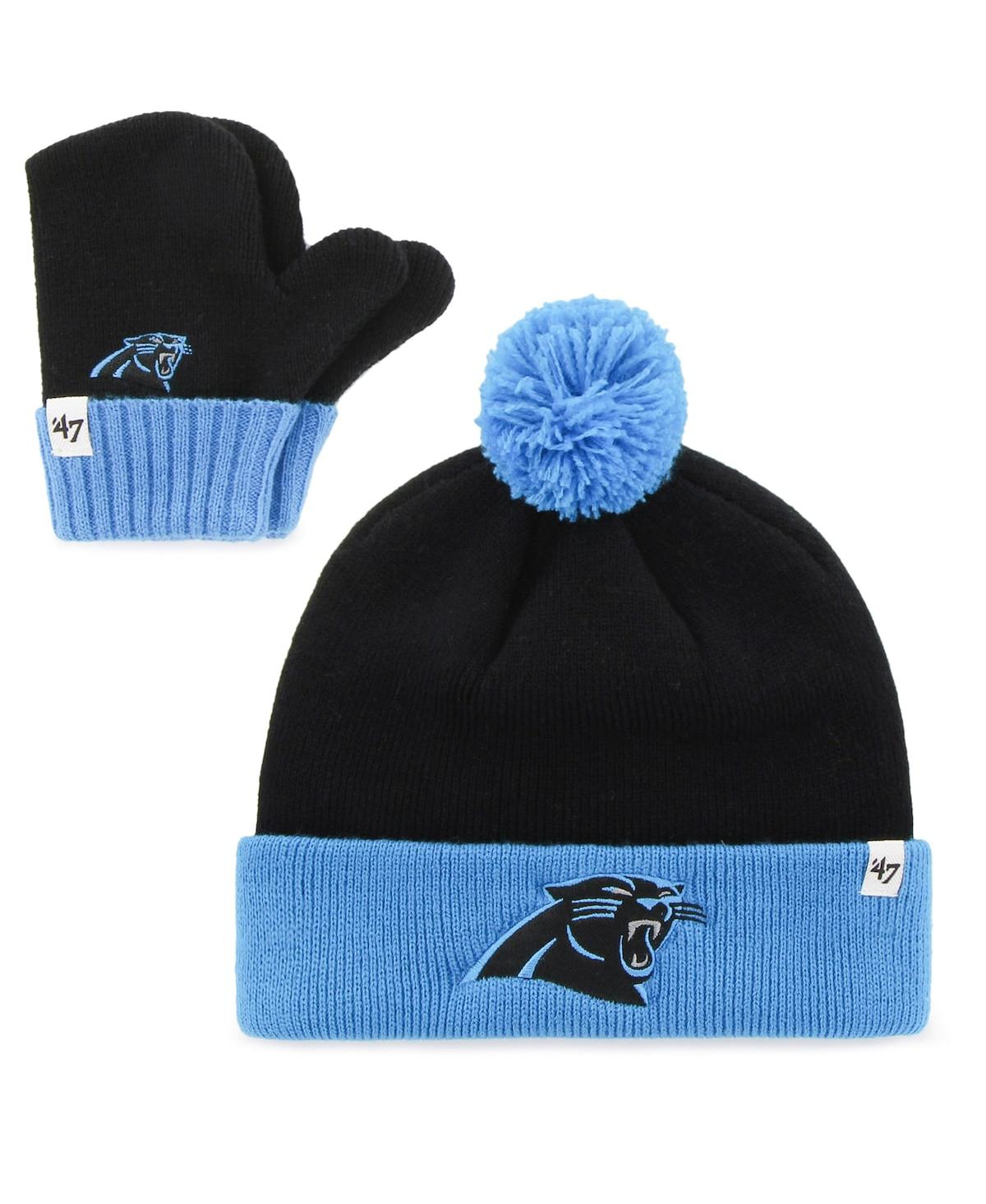 47 Brand Babies' Toddler Unisex Black And Blue Carolina Panthers Bam Bam Cuffed Knit Hat With Pom And Mittens Set In Black,blue