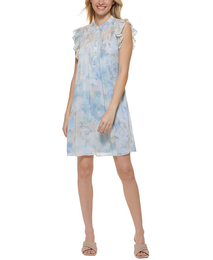 Calvin Klein Petite Printed Flutter-Sleeve Pleated Dress & Reviews - Dresses  - Petites - Macy's