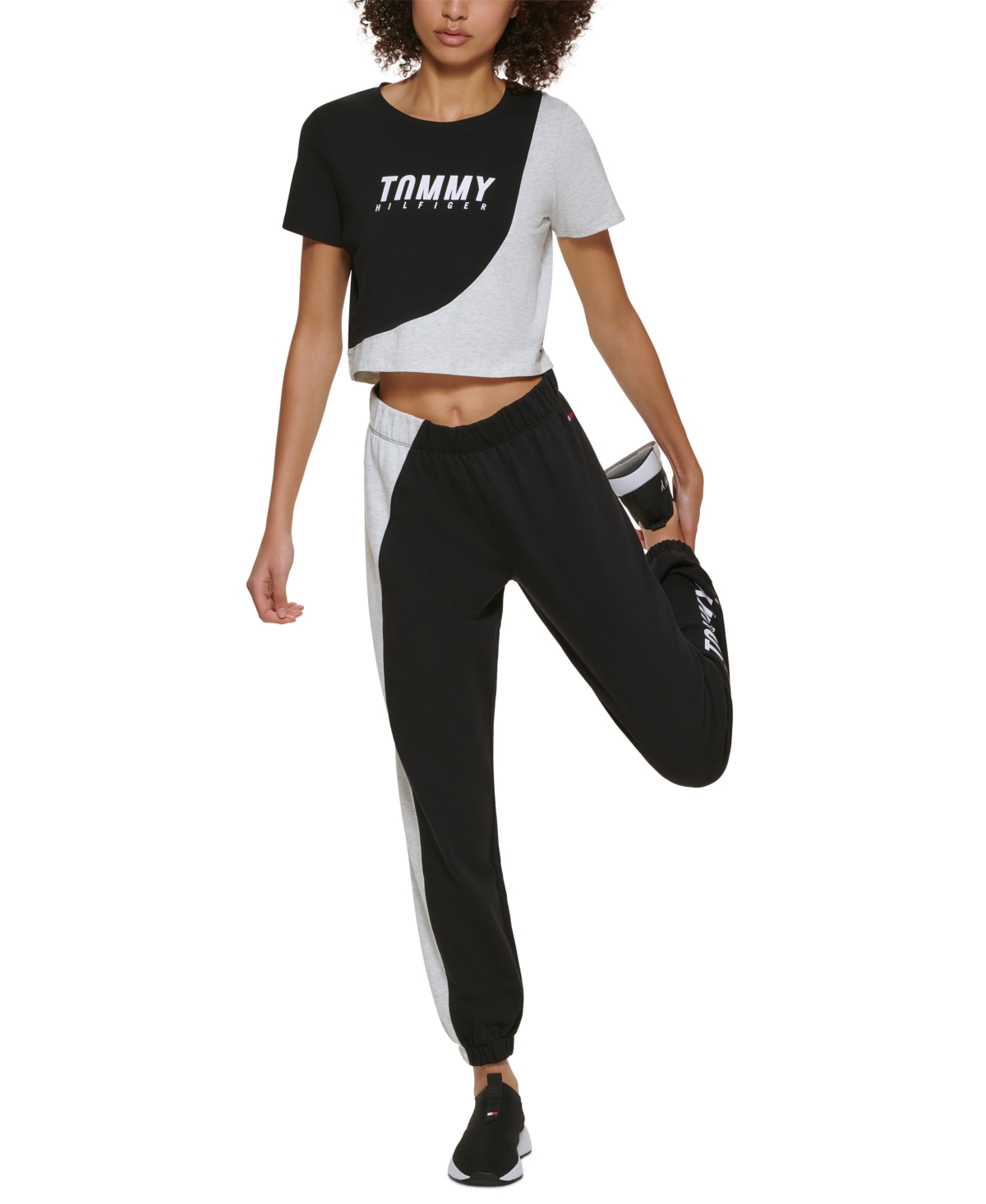Tommy Hilfiger Sport Colorblocked Cropped T-shirt In Black/heather Grey