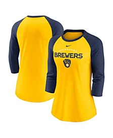 Women's Gold and Navy Milwaukee Brewers Modern Baseball Arch Tri-Blend Raglan Three-Quarter Sleeve T-shirt