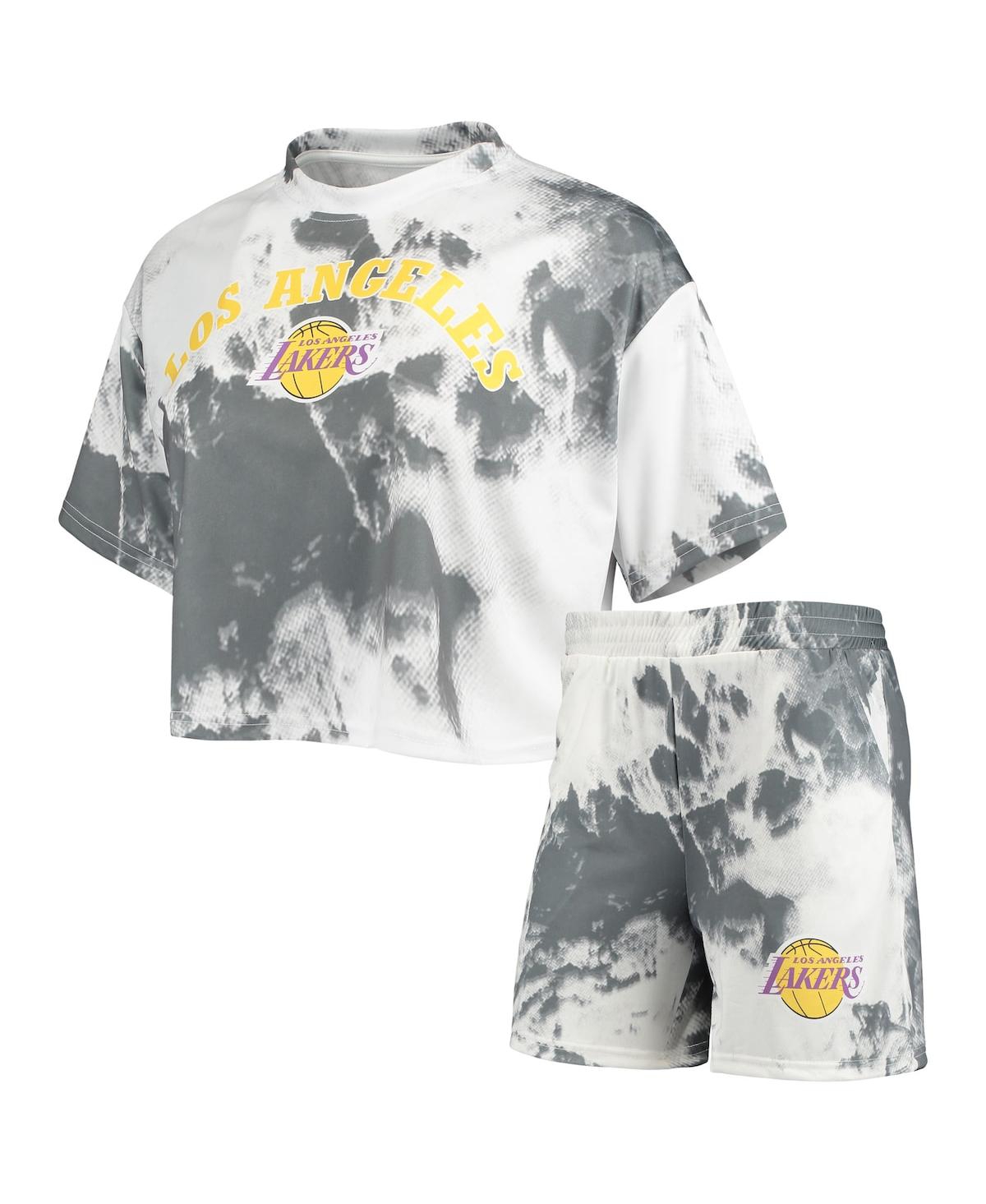 Nba Exclusive Collection Women's White, Black Los Angeles Lakers Tie-dye Crop Top And Shorts Set In White,black