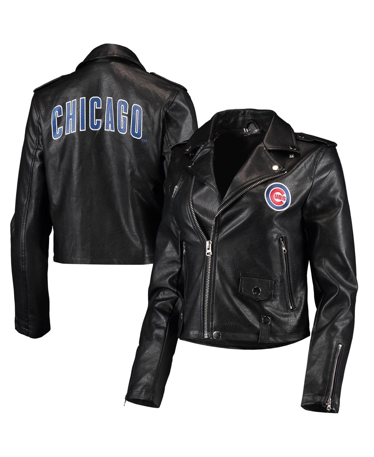 Women's The Wild Collective Black Chicago Cubs Faux Leather Moto Full-Zip Jacket - Black