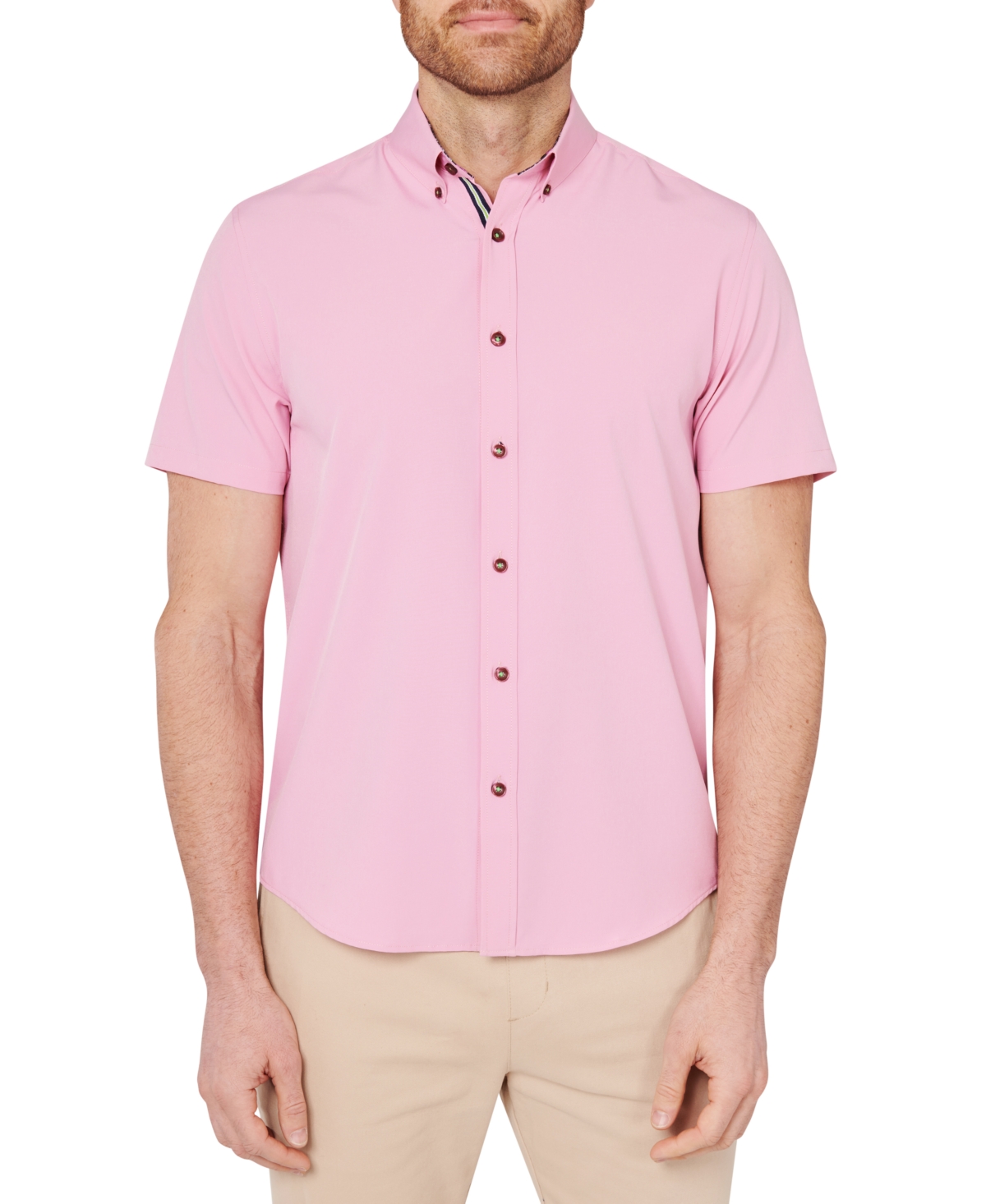 Society Of Threads Men's Slim Fit Non-iron Solid Performance Stretch Button-down Shirt In Pink