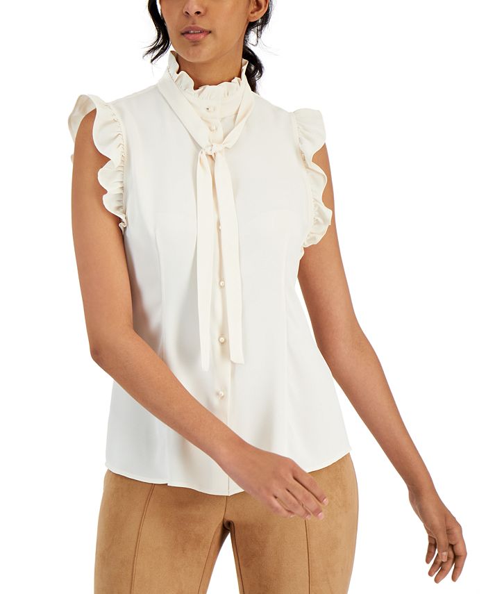 Anne Klein Women's Ruffle-Sleeve Tie-Neck Blouse - Macy's