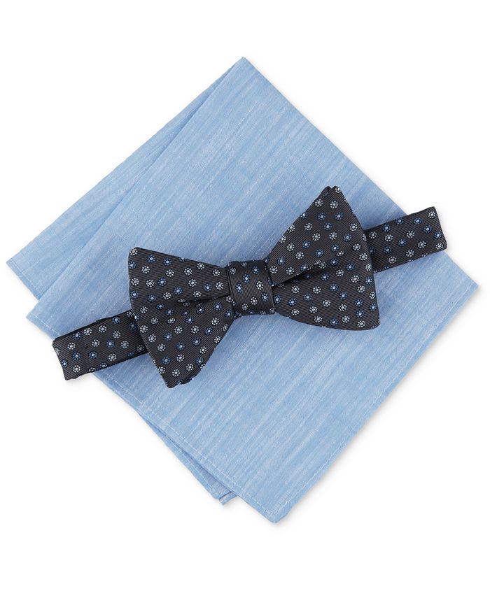 003 100% Silk Mens Bow Tie and Hankie Set White with Blue Polka Dots 