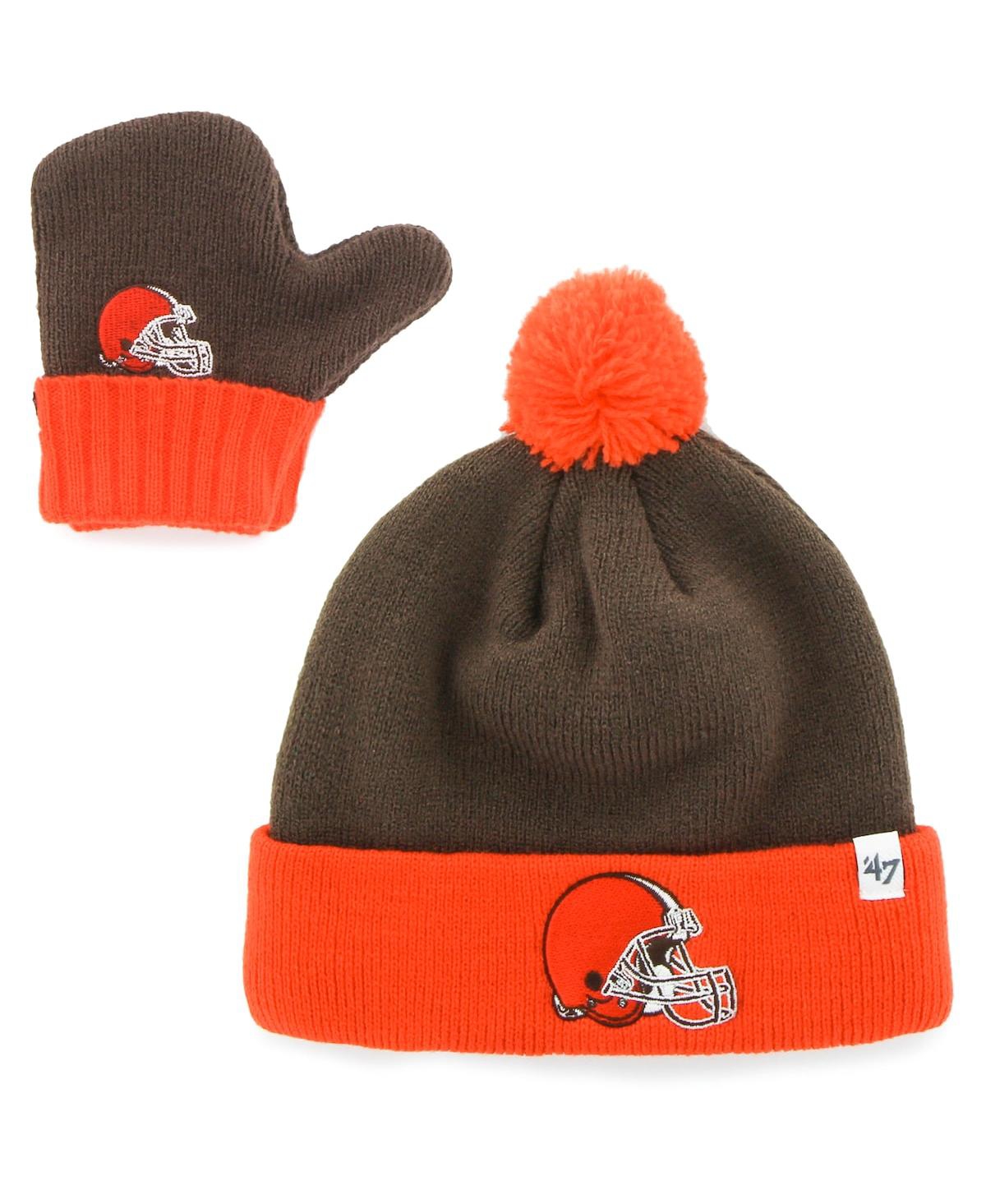 47 BRAND TODDLER UNISEX BROWN AND ORANGE CLEVELAND BROWNS BAM BAM CUFFED KNIT HAT WITH POM AND MITTENS SET