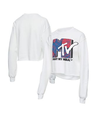 Women's White NBA x MTV I Want My Cropped Fleece Pullover Sweatshirt