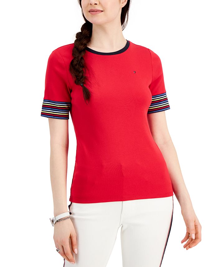 Tommy Hilfiger Women's Cotton Striped-Sleeve T-Shirt - Macy's