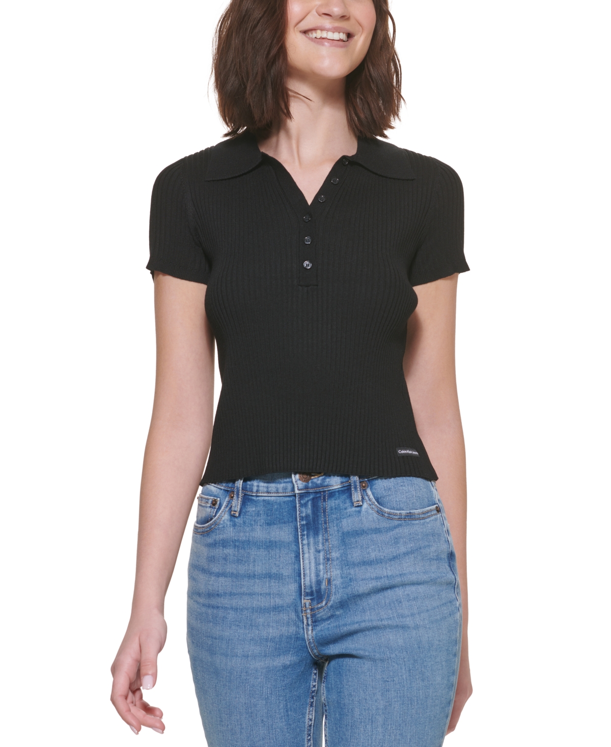 Shop Calvin Klein Jeans Est.1978 Petite Ribbed Polo Shirt In Black