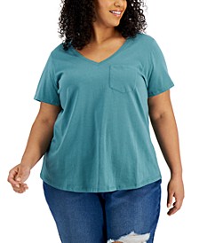 Plus Size Cotton Solid V-Neck Top, Created for Macy's